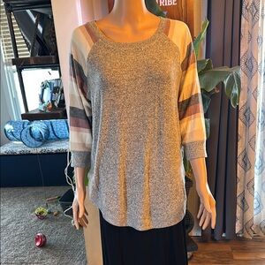 Striped Sleeve Gray Sweater